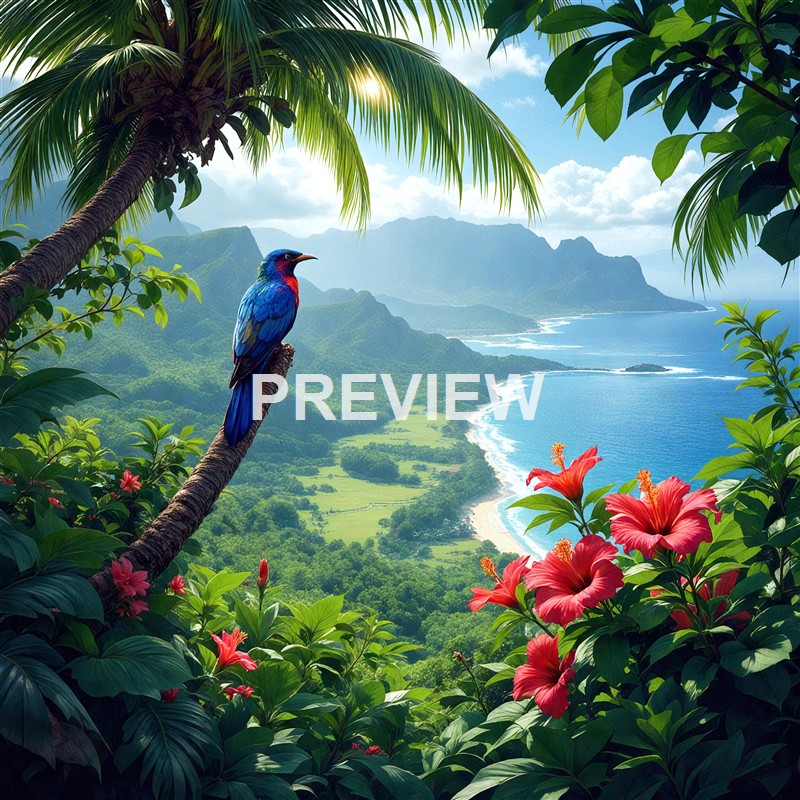 A vibrant tropical scene featuring a colorful bird perched on a tree branch amidst lush green foliage, overlooking a coastline with mountains, sandy beaches, and the ocean under a partly cloudy sky.